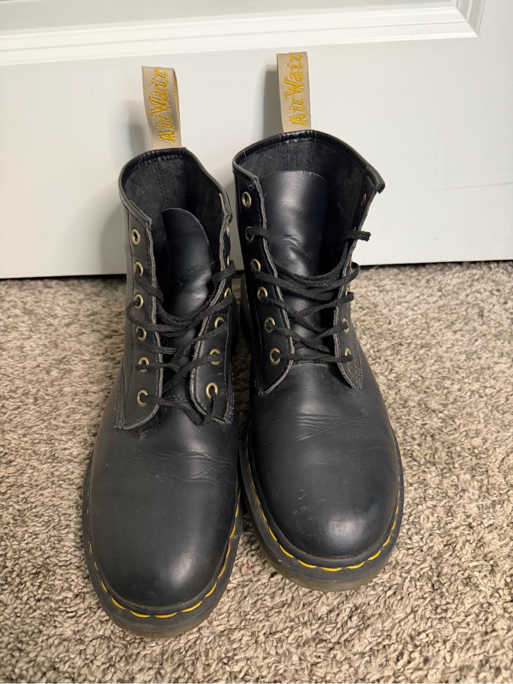 Dr. Martens Black Leather 8-Eye Lace-Up Boots with Yellow Stitching
